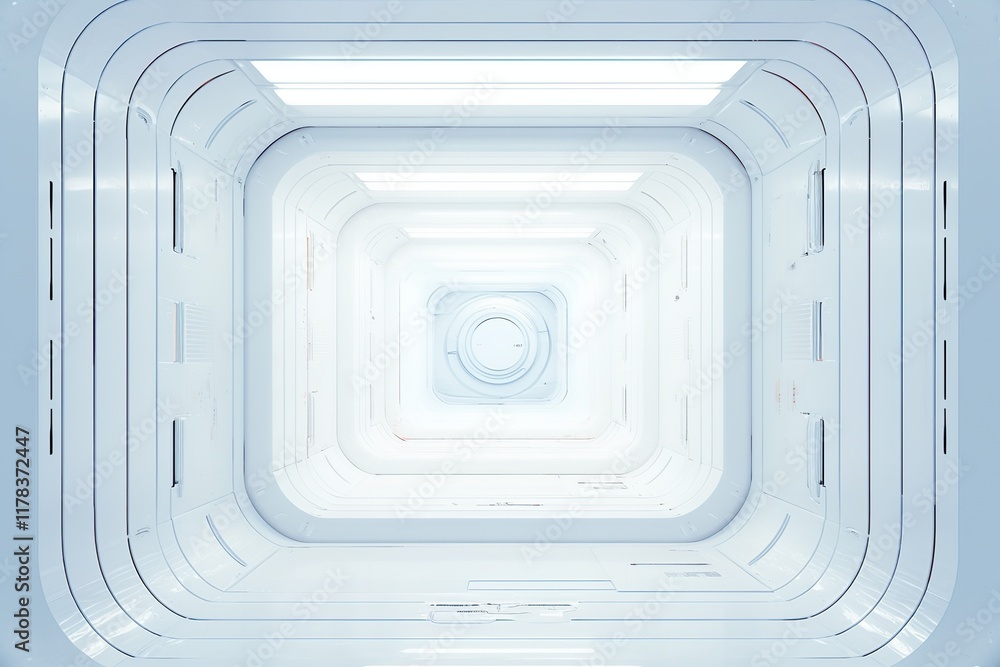 Fototapeta premium Exploring Futuristic White Corridor: Architectural Design of a Modern Spacecraft Interior with Clean Lines and Bright Lighting, Innovative Technology, Clean and Minimalist Aesthetic