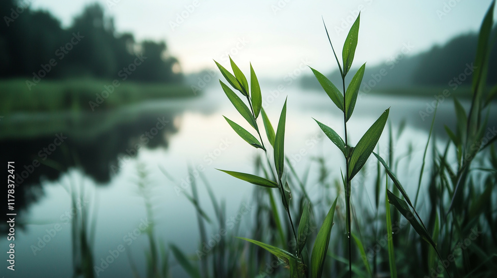 Fototapeta premium Misty wetland scene at dawn, with diffused light over still water, tall grasses creating soft shadows, minimalist focus on nature's subtle beauty.