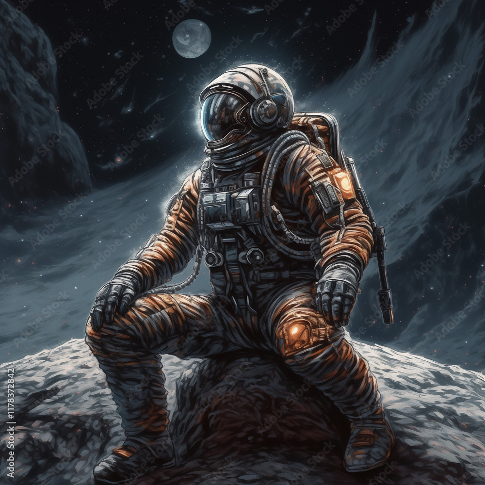 Gazing at the Void: A Lone Astronaut Sits on a Distant Celestial Body, Reflecting on the Cosmos. Gazing at the Void: A Lone Astronaut Sits on a Distant Celestial Body, Reflecting on the Cosmos.