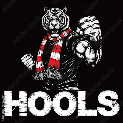 illustration vector graphic of Tiger Football fans ultras hooligan with red white scarf design for logo, t-shirt, etc