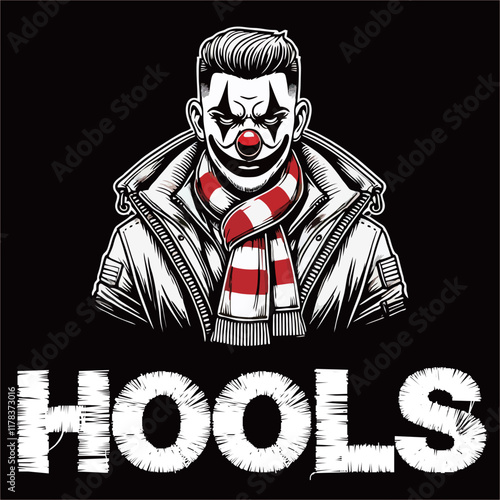 Clown illustration vector graphic of Football fans ultras hooligan with red white scarf design for logo, t-shirt, etc