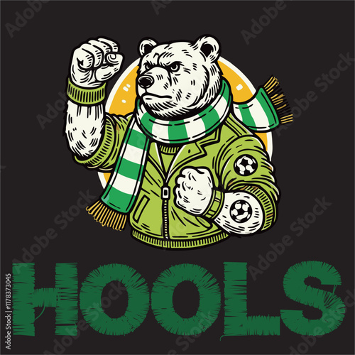 illustration vector graphic of Logo Football fans ultras hooligan a Bear wear green white scarf design for logo, t-shirt, etc