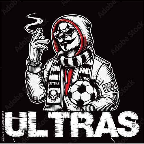 Clown illustration vector graphic of Football fans ultras hooligan with red white scarf design for logo, t-shirt, etc