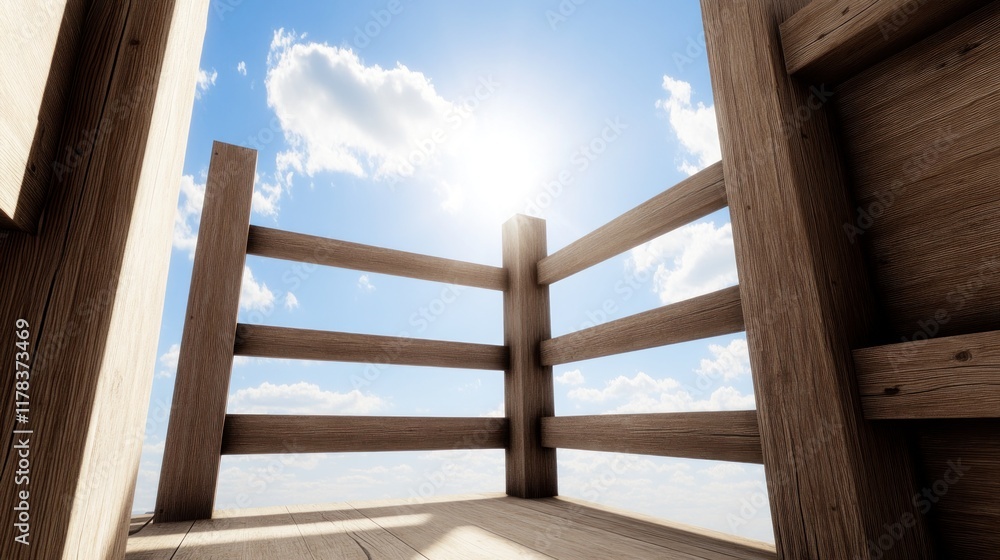 A wooden railing with a view of the bright sky and clouds. A wooden railing with a view of the bright sky and clouds.