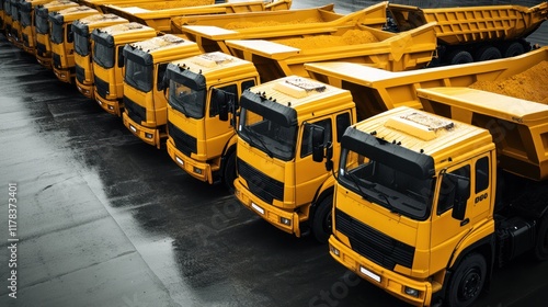 A fleet of yellow dump trucks lined up, ready for construction or transport tasks. photo