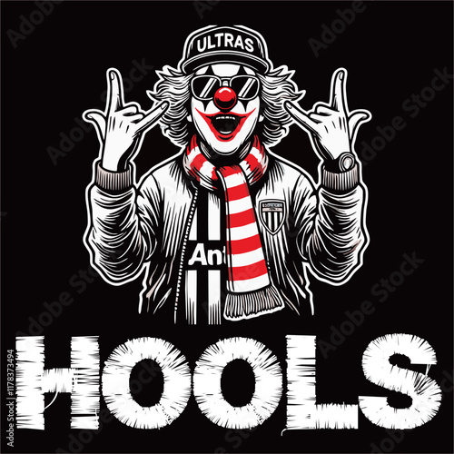 Clown illustration vector graphic of Football fans ultras hooligan with red white scarf design for logo, t-shirt, etc