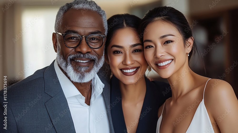 Fototapeta premium Happy multiracial family portrait, indoor event, smiling, background blur