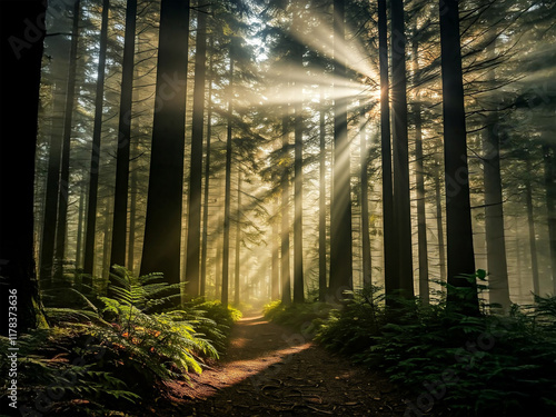 Sunbeams pierce through a dense forest, illuminating a path winding between towering trees. Ferns line the way, casting dappled shadows on the forest floor