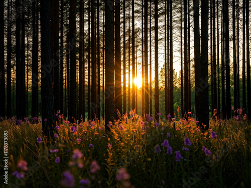 A tranquil forest scene at sunset with sunlight filtering through tall trees and illuminating purple wildflowers