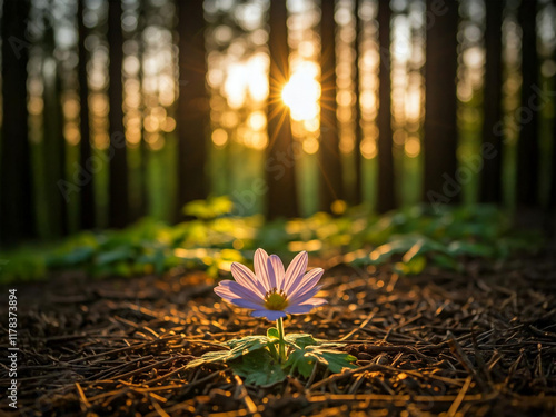 A lone purple flower blooms in the soft light of a forest sunrise, casting a magical glow on the forest floor