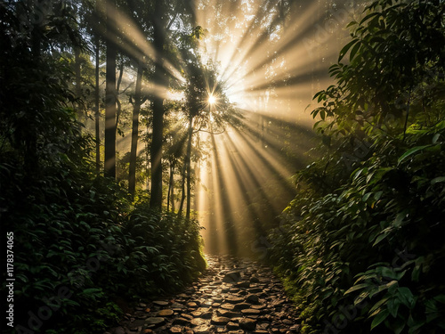 Sunlight filters through dense forest foliage, casting dramatic rays over a cobblestone path, creating a serene and mystical atmosphere