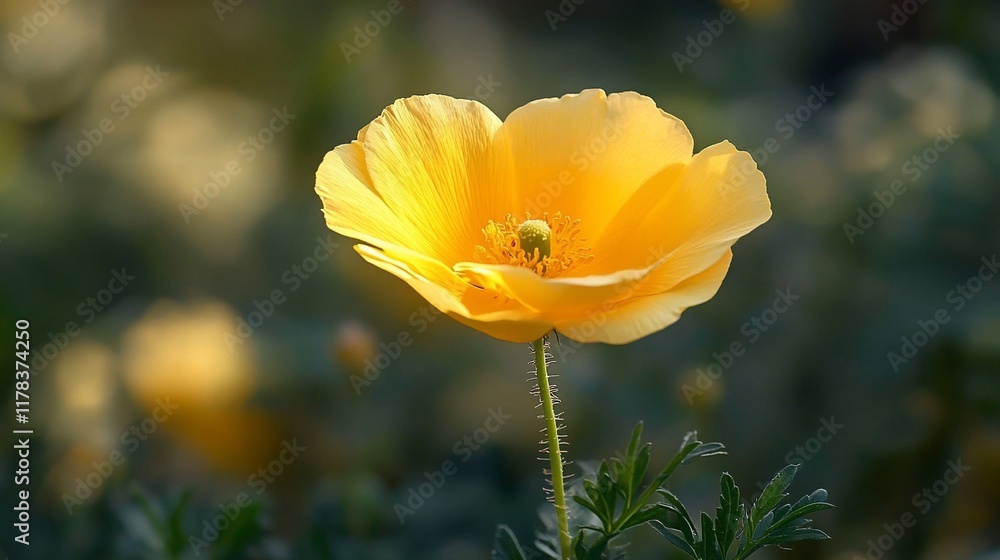 Fototapeta premium Golden poppy blooms in field, backlit sun, nature, floral design