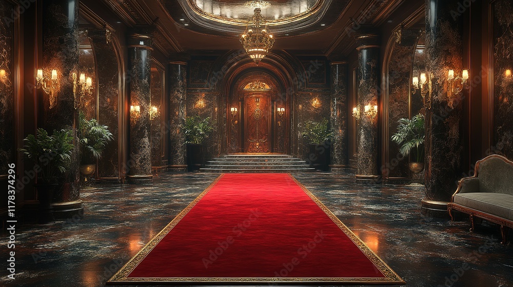 Obraz premium Elegant Grand Entrance Hallway With Red Carpet