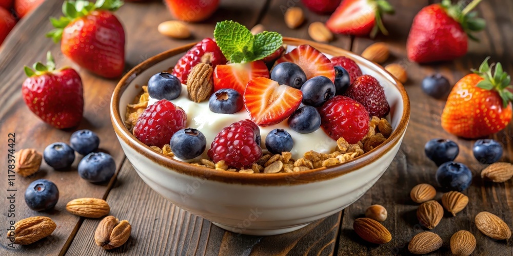A delightful bowl of granola, yogurt, and fresh berries, garnished with almonds and a sprig of mint, sits on a rustic wooden surface. A delightful bowl of granola, yogurt, and fresh berries, garnished with almonds and a sprig of mint, sits on a rustic wooden surface.