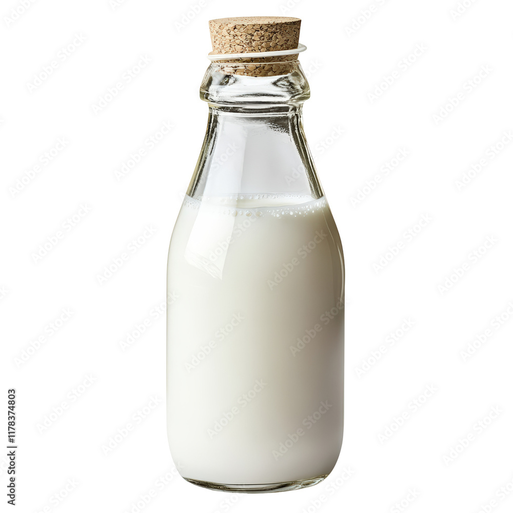 A Rustic Bottle of Milk with a Natural Cork Top Surrounded by Simple Farmhouse Decor Evoking a Cozy Country Vibe isolated on white background A Rustic Bottle of Milk with a Natural Cork Top Surrounded by Simple Farmhouse Decor Evoking a Cozy Country Vibe isolated on white background