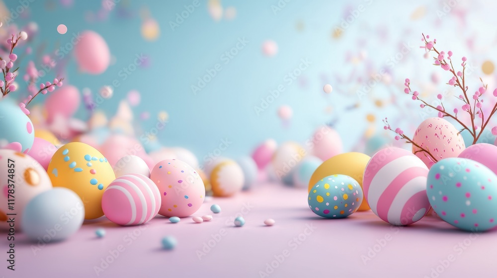 Fototapeta premium Colorful Easter eggs and spring decor on pastel background