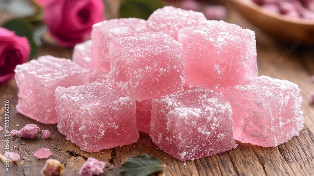 Rose-flavored Turkish Delight on wood, roses, petals Rose-flavored Turkish Delight on wood, roses, petals