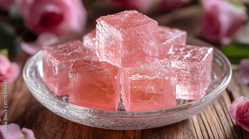 Rose-flavored Turkish Delight Cubes on Wooden Table Rose-flavored Turkish Delight Cubes on Wooden Table