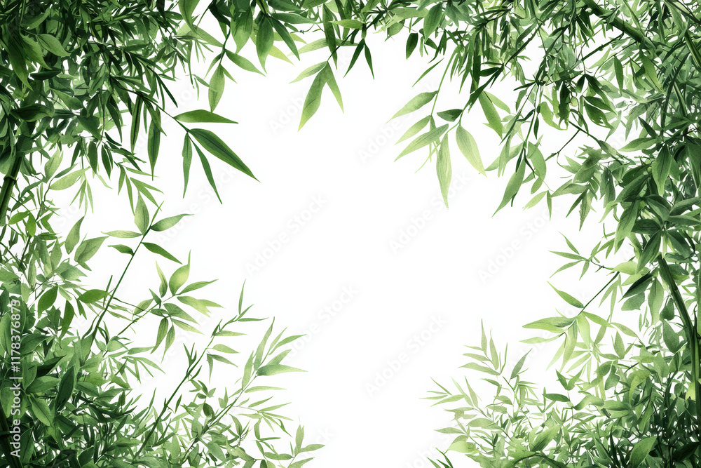 Fototapeta premium Lush green bamboo leaves frame bright, empty space, creating serene atmosphere