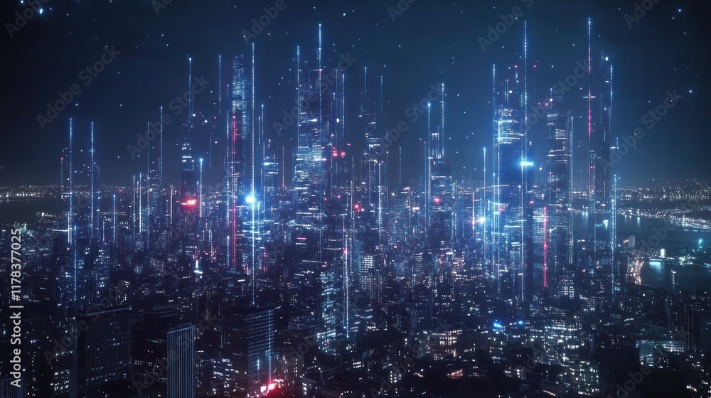 A futuristic cityscape illuminated by vibrant lights and towering structures at night. A futuristic cityscape illuminated by vibrant lights and towering structures at night.