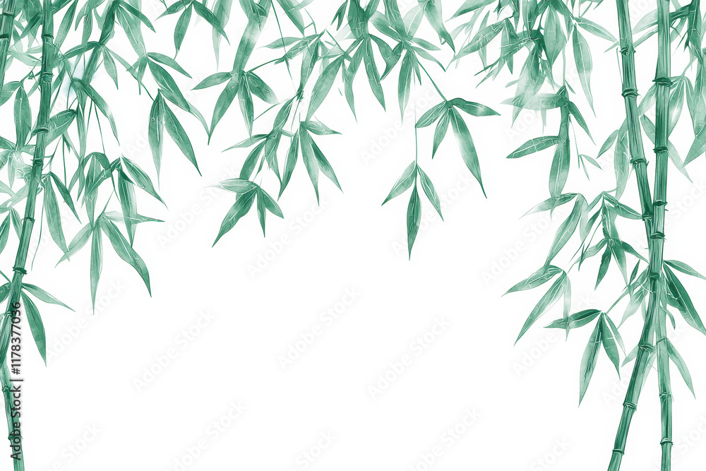 Fototapeta premium Bamboo leaves frame serene background, evoking tranquility and nature