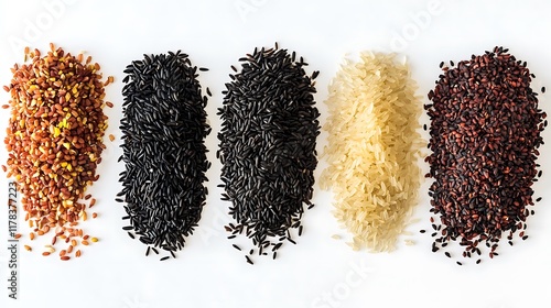 Five types of rice basmati, black rice, mix long grain, arborio and red rice on white backgroun photo