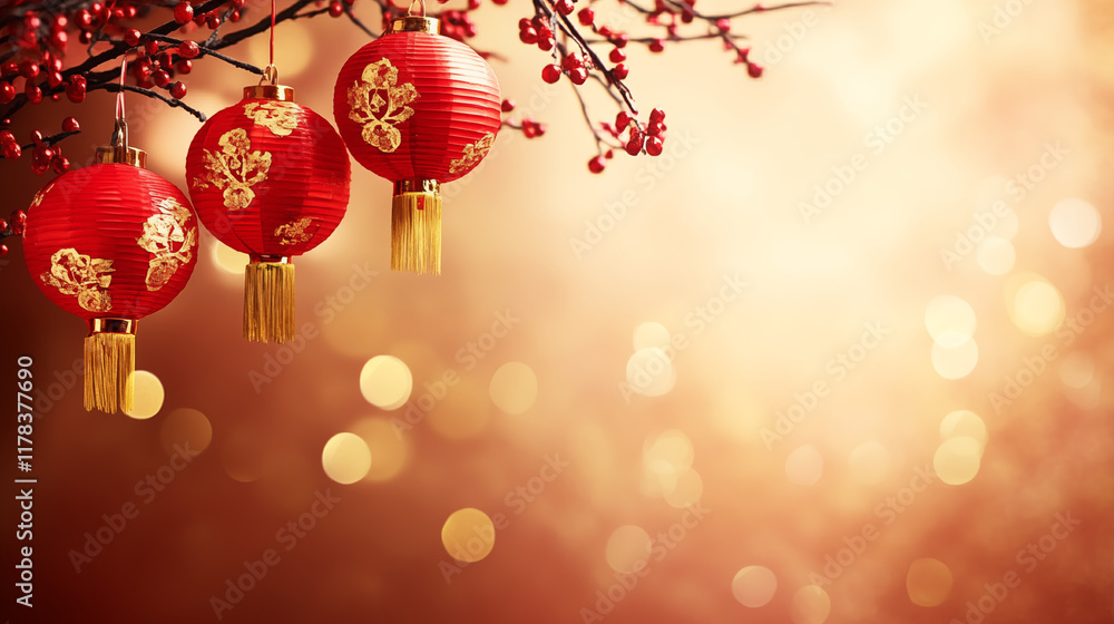 Chinese New Year Decorations with Lanterns and Festive Ornaments Chinese New Year Decorations with Lanterns and Festive Ornaments