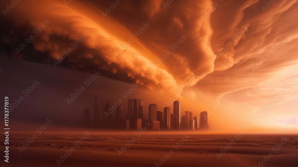 Dramatic sandstorm approaching desert city Dramatic sandstorm approaching desert city