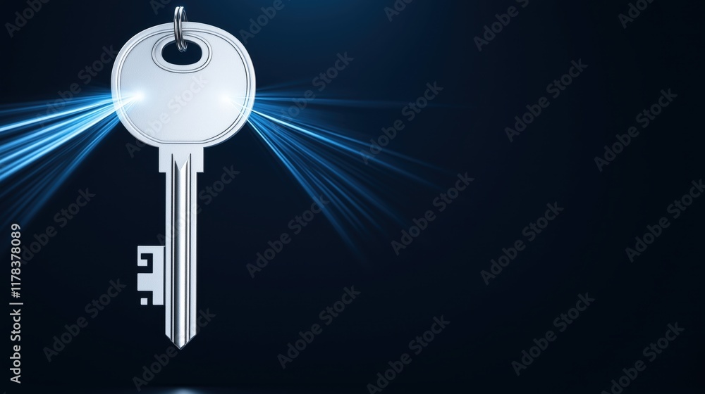 A shiny key stands out against a dark background, illuminated by beams of light, symbolizing access and security. A shiny key stands out against a dark background, illuminated by beams of light, symbolizing access and security.