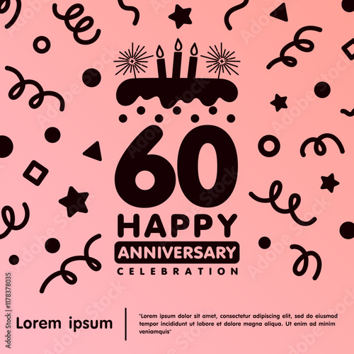 60th years anniversary celebration emblem. Happy anniversary logo isolated birthday cake and candle with confetti line doodle on pink background. vector illustration template design