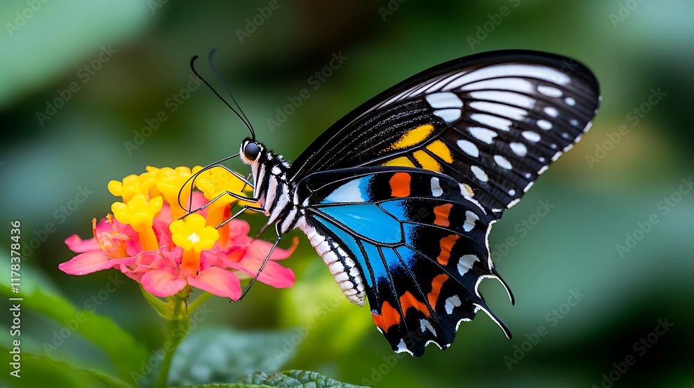 A vibrant blue, black, orange, and white butterfly feeding on a pink and yellow flower. A vibrant blue, black, orange, and white butterfly feeding on a pink and yellow flower.