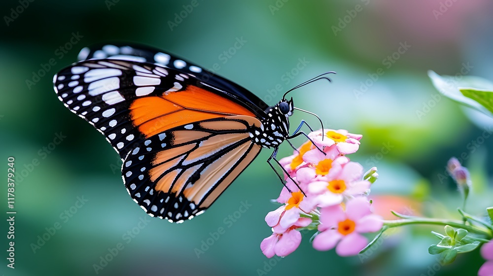 A vibrant orange and black butterfly with white spots delicately feeding on pink flowers. A vibrant orange and black butterfly with white spots delicately feeding on pink flowers.