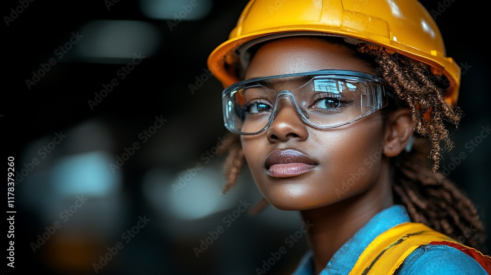 Confident female engineer in factory, safety gear Confident female engineer in factory, safety gear