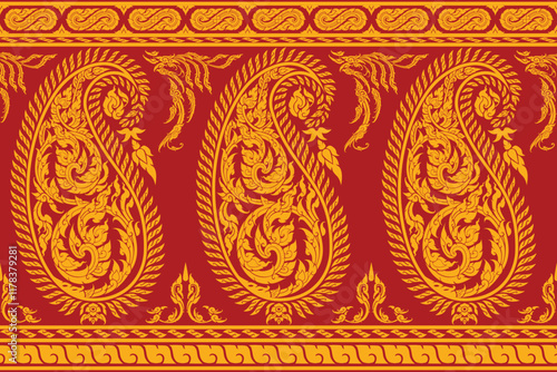 Seamless traditional Thai art bold gold colored floral pattern in damask style motifs suitable for wallpaper, curtain, clothing, blanket, tile and fabric design isolated over red background.