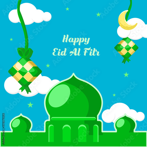 Flat illustration happy Eid al fitr, welcoming Eid al fitr with mosque background and ketupat