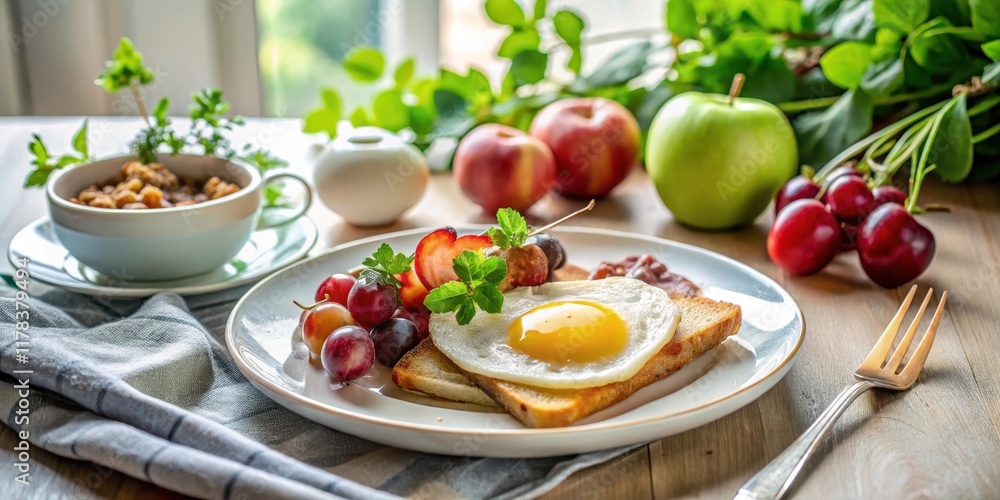 A delightful breakfast plate featuring a perfectly fried egg on toast, accompanied by fresh berries, sliced fruit, and a side of savory grains. A delightful breakfast plate featuring a perfectly fried egg on toast, accompanied by fresh berries, sliced fruit, and a side of savory grains.