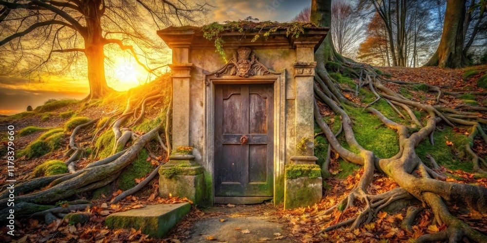 Fototapeta premium Ancient Wooden Doorway Concealed by Enormous Tree Roots at Sunset's Golden Hour