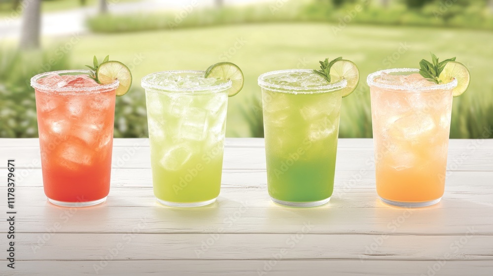 Four colorful drinks with ice and garnishes on a table. Four colorful drinks with ice and garnishes on a table.