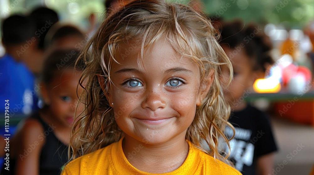 Child with blonde hair smiling in a crowd, outdoor setting for personal use. Child with blonde hair smiling in a crowd, outdoor setting for personal use.