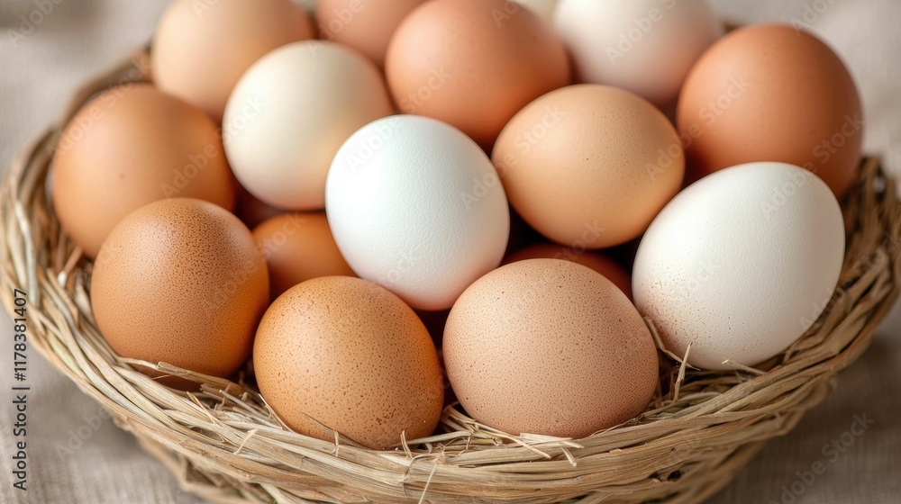 Freshly gathered eggs in a rustic woven basket Freshly gathered eggs in a rustic woven basket