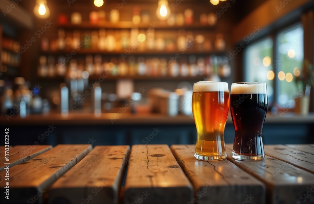 Empty wooden table in pub restaurant. Two beer glasses stand on table. Blurred bar background shows many bottles, lights. Night time ambiance. Suitable for product display. Suitable for presentations Empty wooden table in pub restaurant. Two beer glasses stand on table. Blurred bar background shows many bottles, lights. Night time ambiance. Suitable for product display. Suitable for presentations