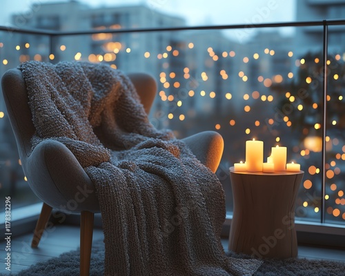 Winter balcony with cozy armchair and soft candle lights, serene city living mockup, calm and peaceful decor, generative AIgenerated warm atmosphere photo