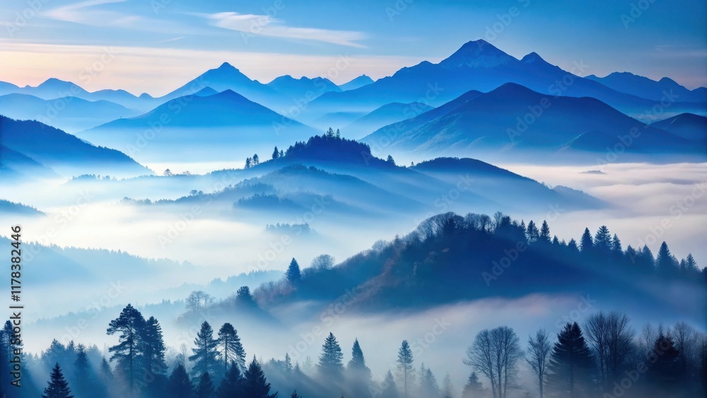 Obraz premium Serene Panorama of Misty Mountains and Rolling Hills at Dawn