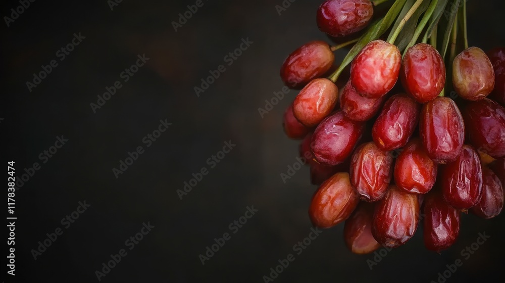 Obraz premium Fresh date fruits bunch on dark background.