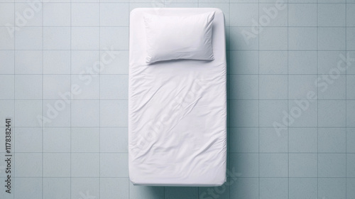 Top down view of hospital bed with white sheets and pillow on tiled floor