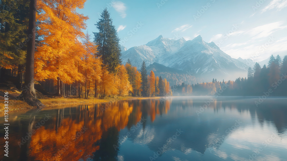 Fototapeta premium Beautiful autumn scene at hintersee lake with colorful morning views of the bavarian alps