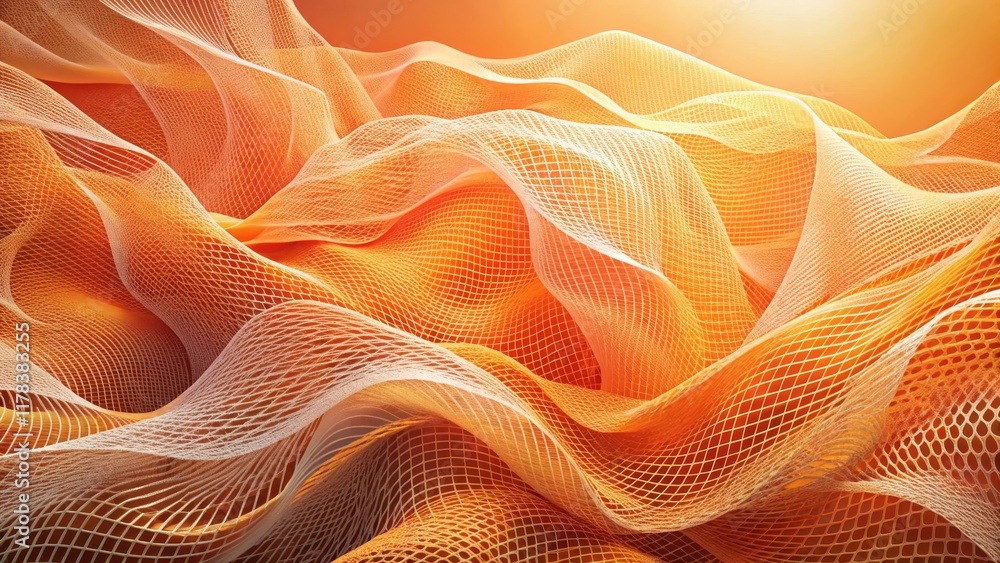 Abstract Orange and White Gridded Fabric Draped in Soft Waves of Light and Shadow Abstract Orange and White Gridded Fabric Draped in Soft Waves of Light and Shadow