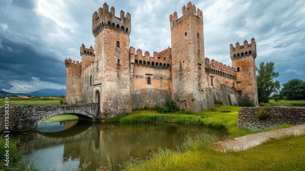 Majestic medieval castle surrounded by lush greenery and tranquil water, set against a dramatic sky, showcasing ancient architecture and historic significance in a picturesque landscape Majestic medieval castle surrounded by lush greenery and tranquil water, set against a dramatic sky, showcasing ancient architecture and historic significance in a picturesque landscape