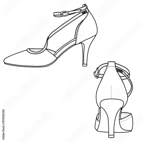 Vector sketch of women's mid-heel ankle strap, party shoes, stiletto with buckle. Outline vector doodle illustration, side, and back view, isolated on a white background 