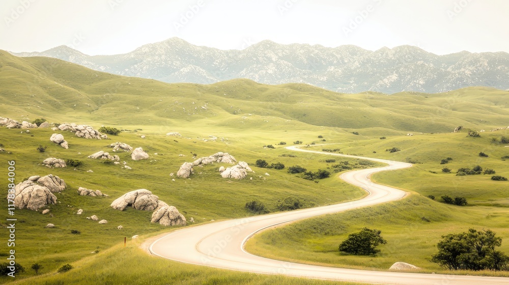 Scenic Winding Road Through Rolling Green Hills and Mountains Scenic Winding Road Through Rolling Green Hills and Mountains